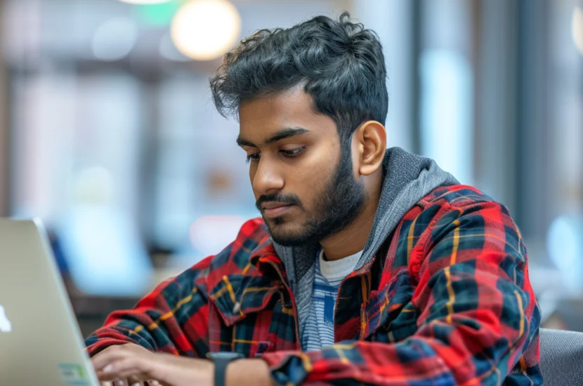 A Bangladeshi postgraduate student works on a laptop in a modern university career center.