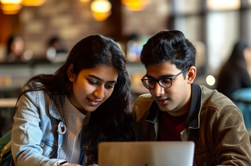Two Bangladeshi students studying at a campus library table