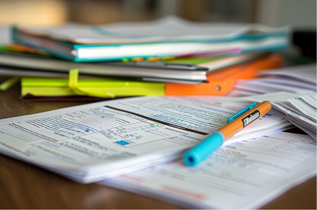 Close-up of important visa and employment documents arranged on a desk