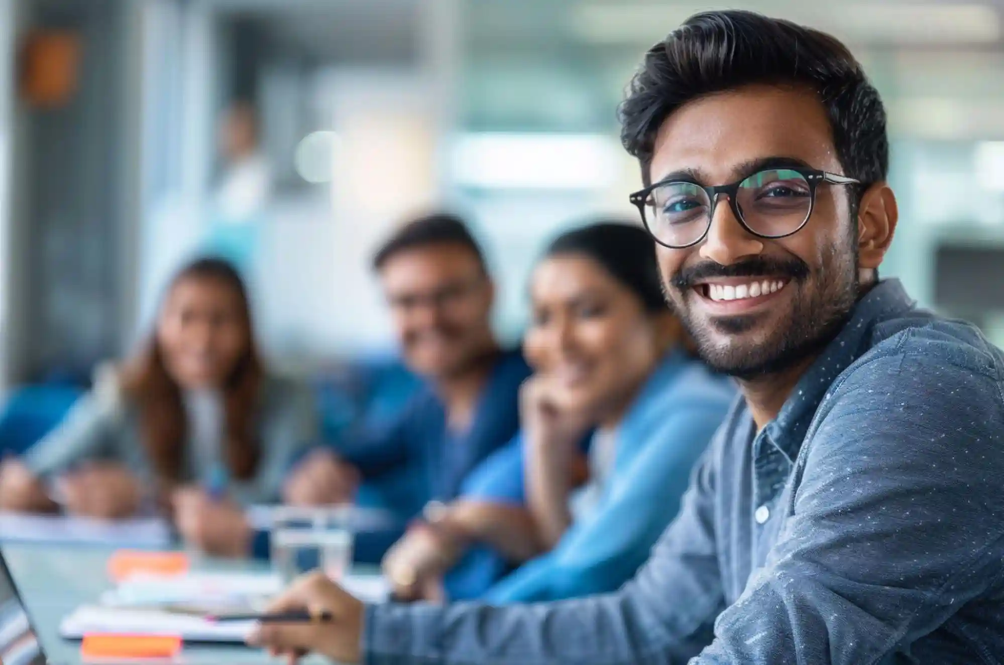 Indian graduate students sitting around a modern conference table in a bright university classroom