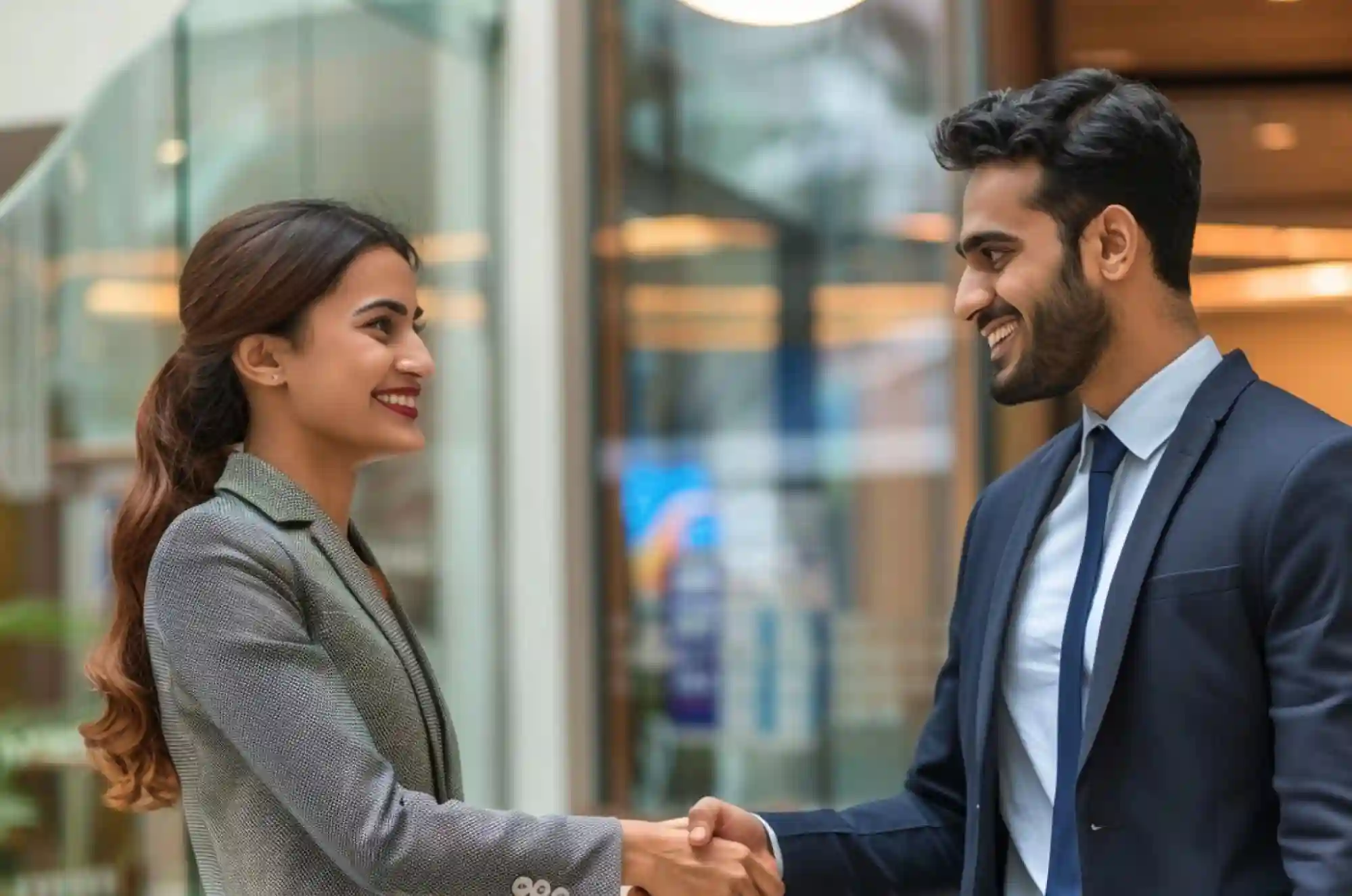 Indian postgraduate shaking hands with an employer in a modern corporate office setting