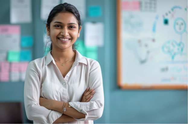 Young Indian professional standing in front of a whiteboard in a modern tech company