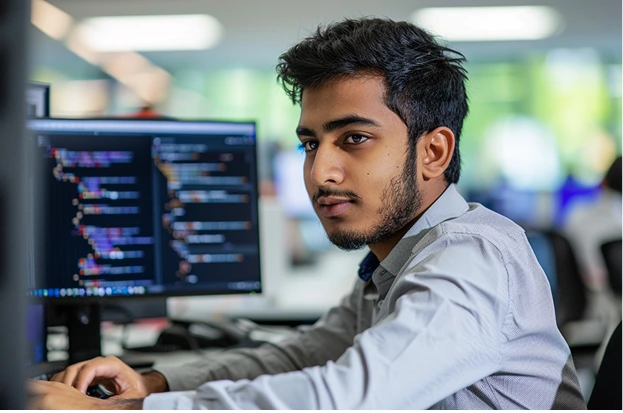 Indian postgraduate student working at a modern university career center computer station.