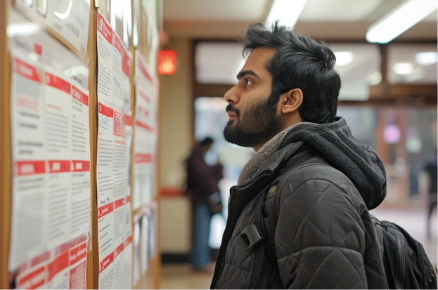 Indian F-1 student standing at a university campus job board, looking at posted on-campus job opportunities.