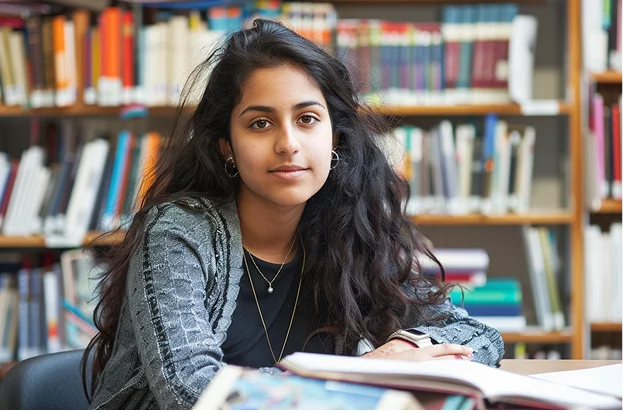 Indian student sitting at a desk in a library setting in India, surrounded by university research materials.