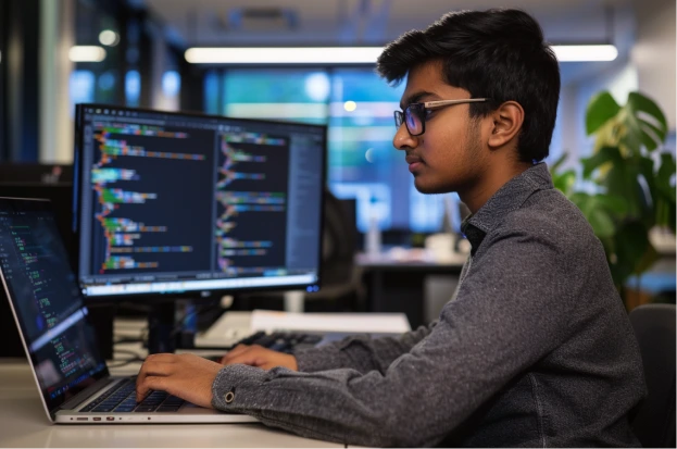 Indian student sitting at a desk in a modern corporate office
