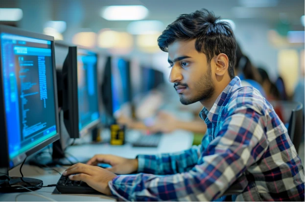 Indian graduate student sitting at a modern university computer lab workstation, working on a project