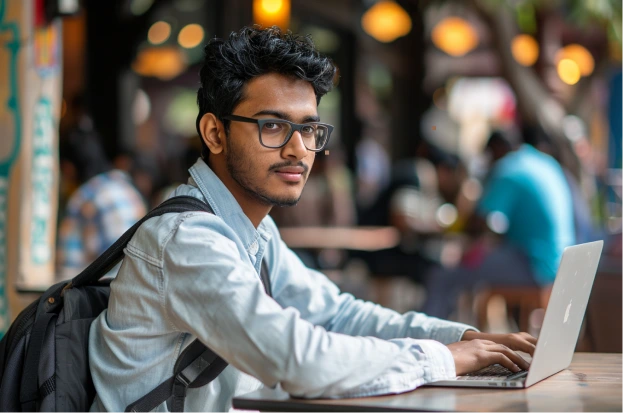 An Indian postgraduate student works on his laptop at a cafe in Chennai.