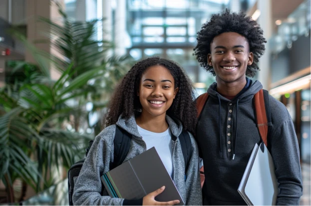 Diverse group of interns standing together in an office lobby