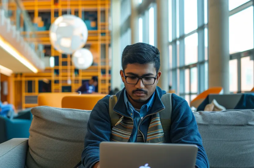 A Nepali postgraduate student works on a laptop in a bright U.S. university library, surrounded by other international students.
