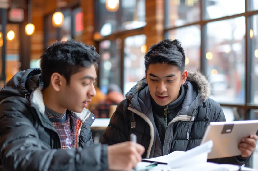 Two Nepali students meet at a U.S. campus international student center, one explaining financial documents to the other