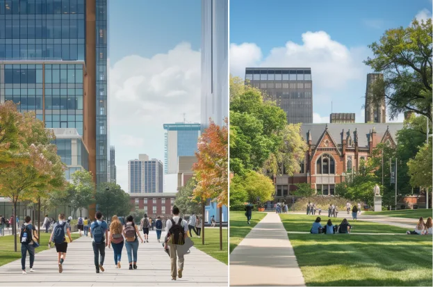 Split-screen comparison showing two different U.S. university campuses.