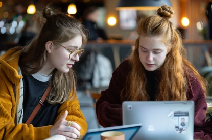 Two students sit at a café table, comparing their banking experiences. Between them are notebooks, student IDs and coffees.