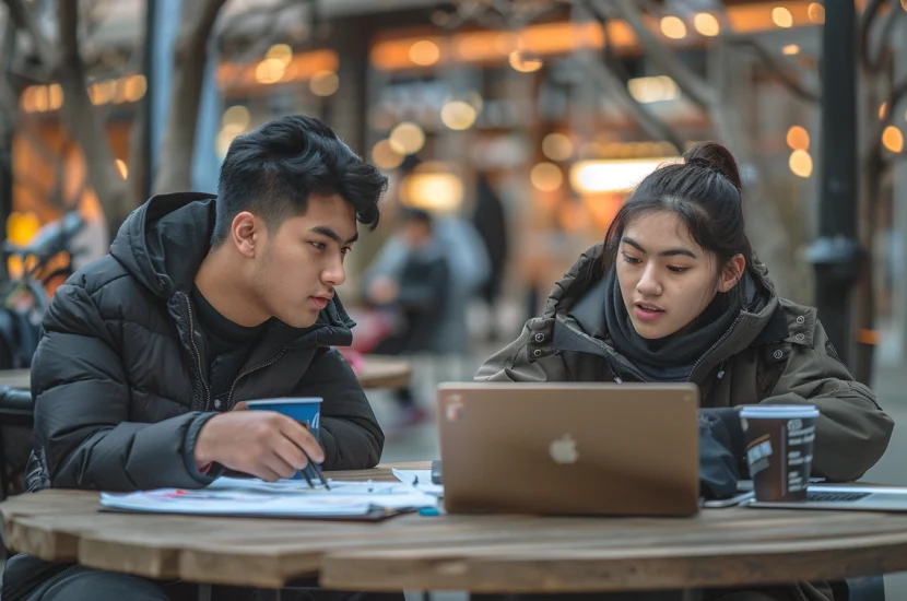 Two students sit in a quiet campus café comparing their financial planning strategies. On the table are coffee cups, laptops and a phone with a checklist.