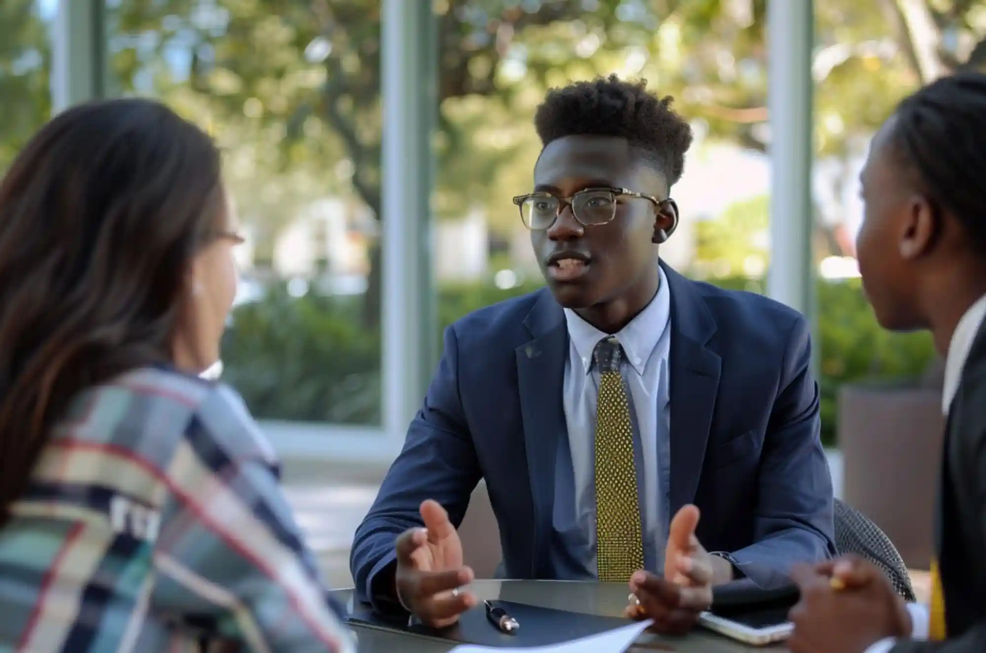 Two students sit with a banking representative in a small office setting