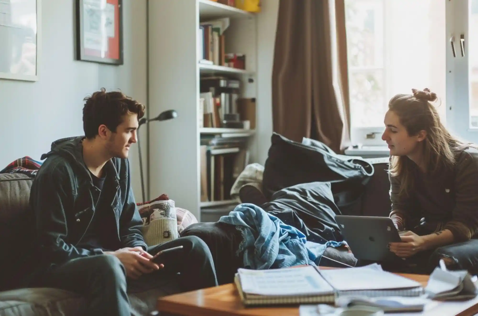 Two students sitting on a couch in a shared apartment, weekly schedule on table, light clutter like books and laundry.