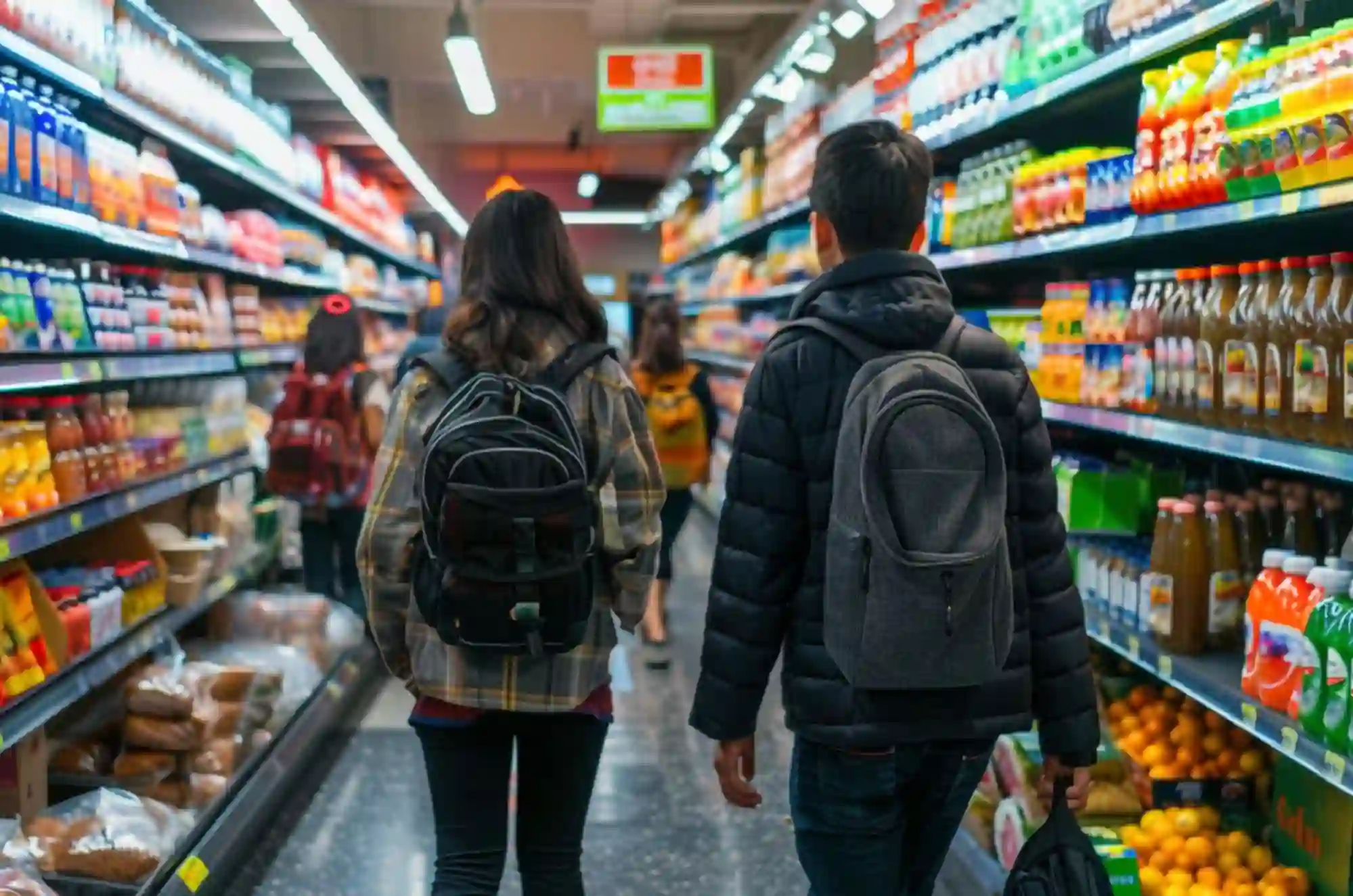 Two students walk through a supermarket with their backpacks on