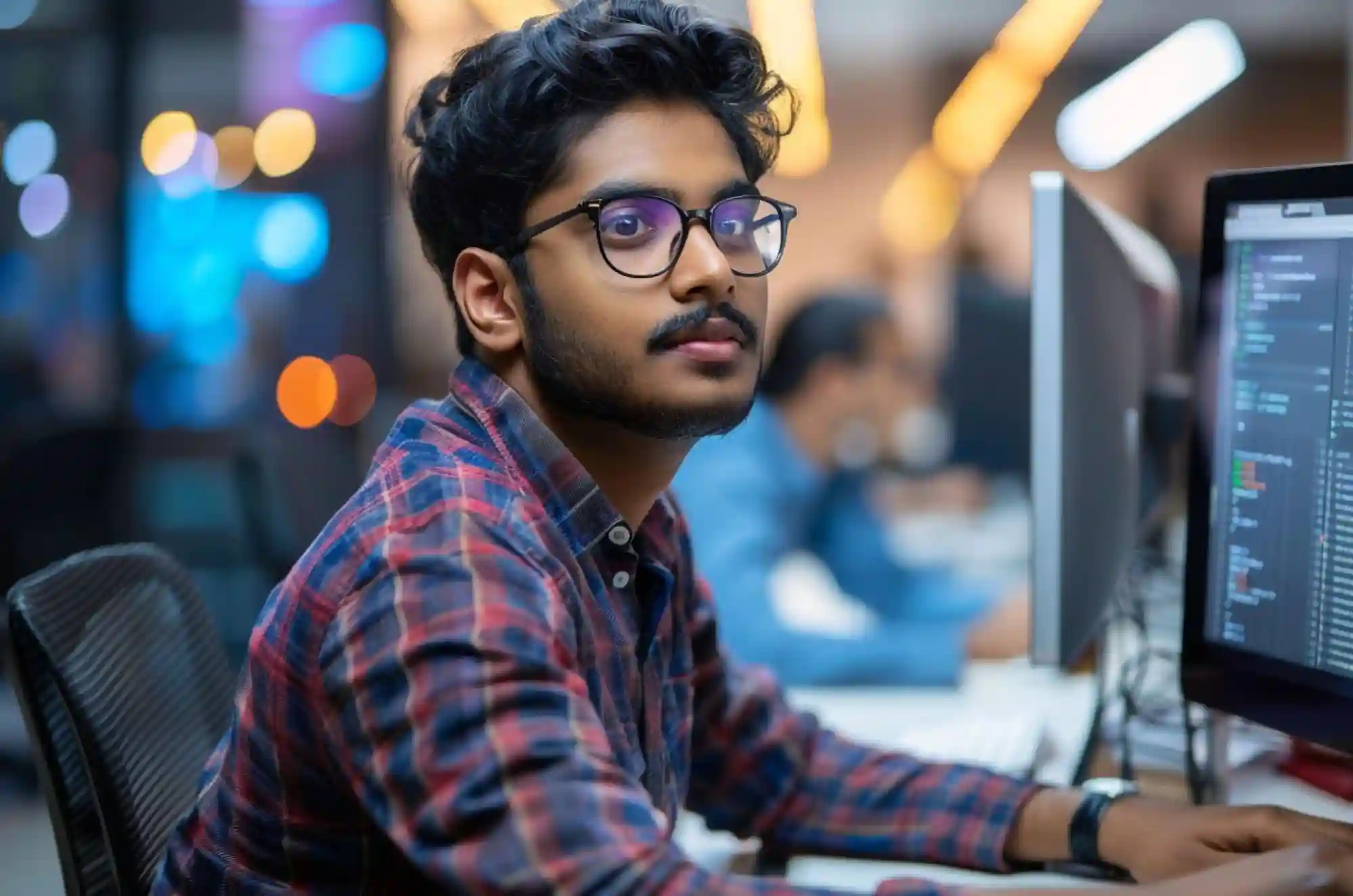 Young Indian professional sitting at a desk in an office space working on a code.