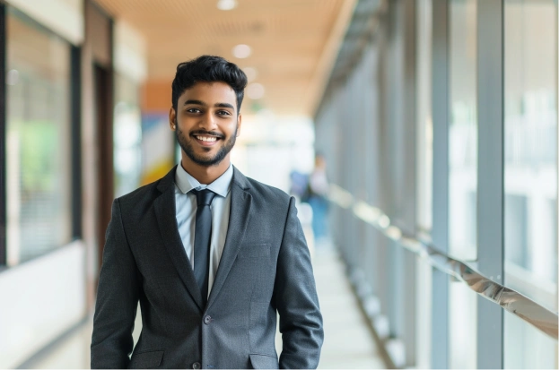 Young Indian professional standing in a modern corporate office hallway