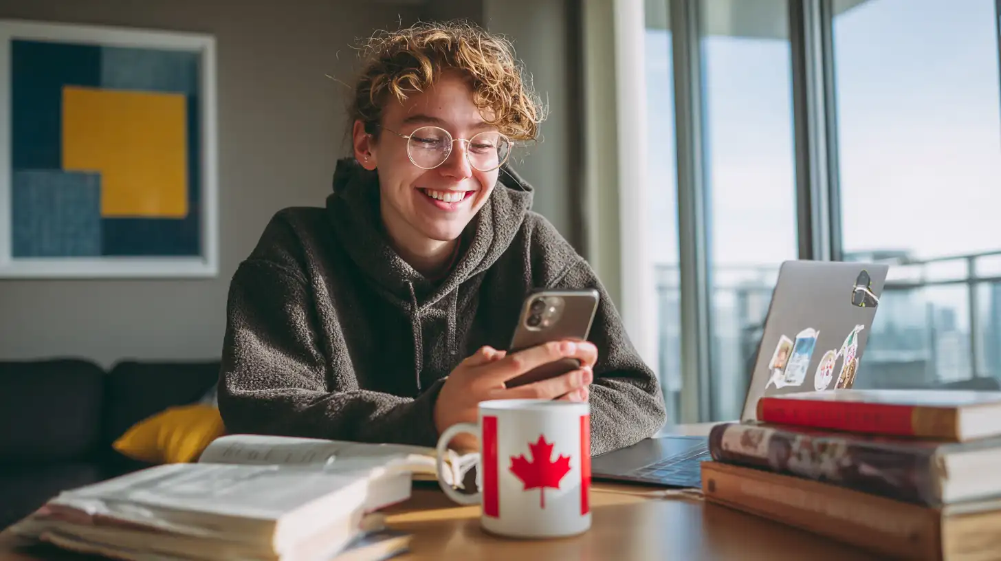 Student smiles while checking phone beside textbooks and a Canadian flag sticker.