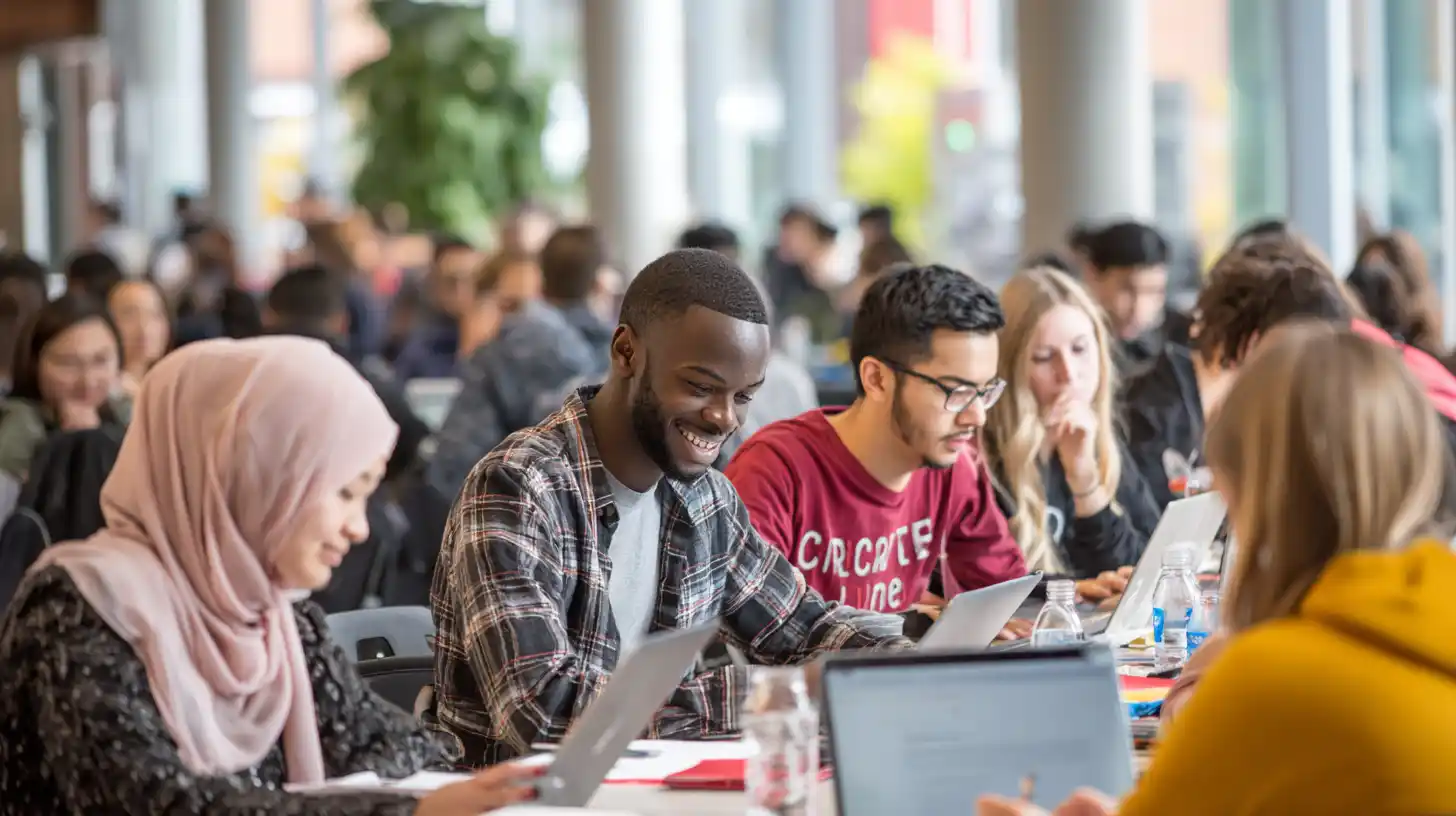 International students collaborate in a Canadian university classroom.