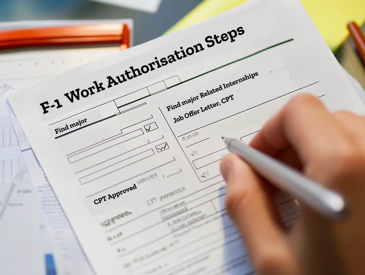 Hand of an F-1 visa student checking off “CPT Approved” on a printed work authorization checklist, with study materials and a reminder to enroll in the CPT-linked course