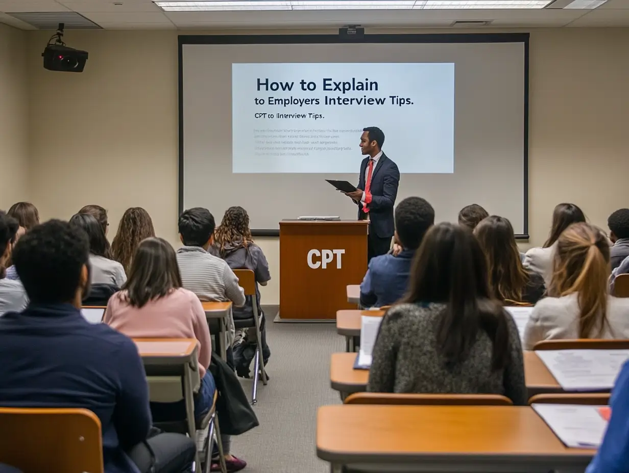 University career workshop for international students with a mock interview in progress and a presentation slide on CPT interview tips, showing diverse students taking notes