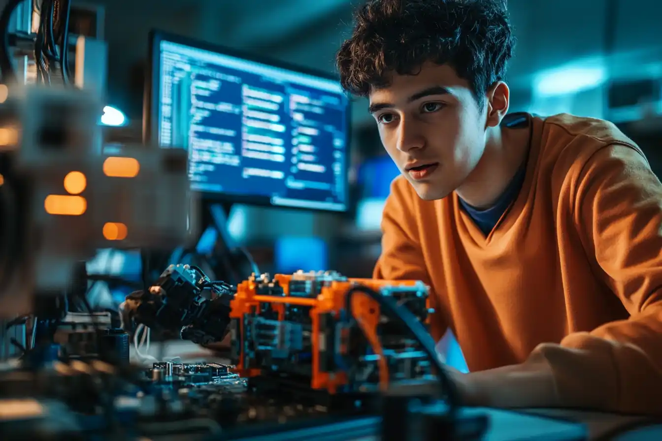 International student conducting a solo chemistry experiment in a modern U.S. university lab, adjusting a Bunsen burner while recording observations