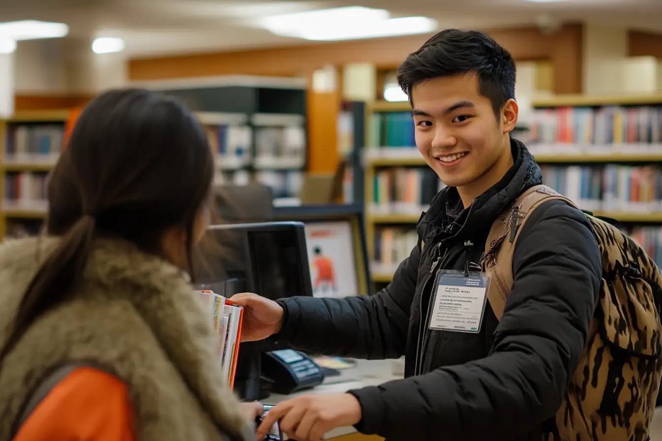 An international student working at a university library circulation desk, assisting another student with a checkout, wearing a lanyard and name tag in a studious and welcoming environment.