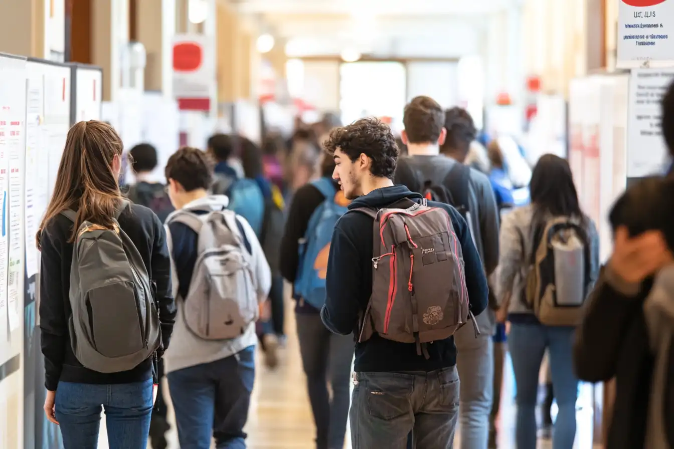Busy hallway in a U.S. university’s engineering building with students in tech apparel and bulletin boards advertising STEM job fairs and events.