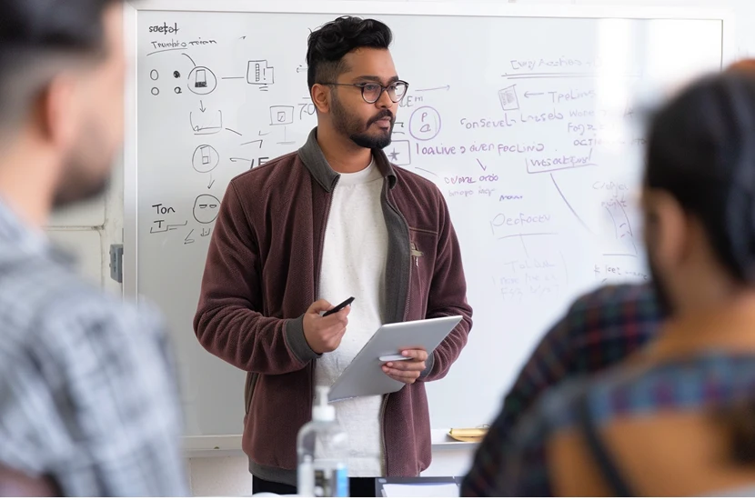 A Bangladeshi computer science graduate gives a technical presentation at a whiteboard in a startup office, explaining algorithms.