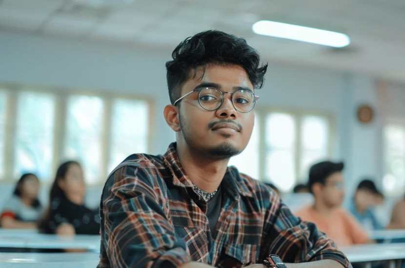 A Bangladeshi data science student sits in a bright university classroom