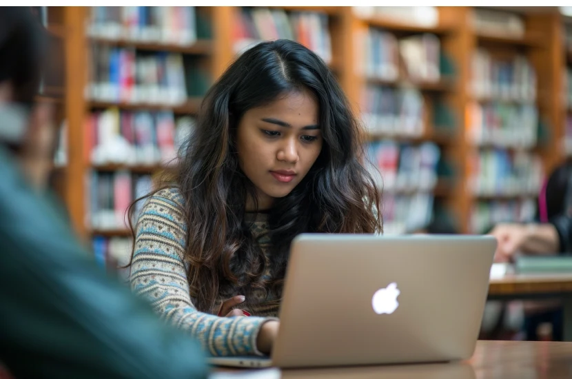 A Bangladeshi professional participates in a video interview from a quiet corner of a public library