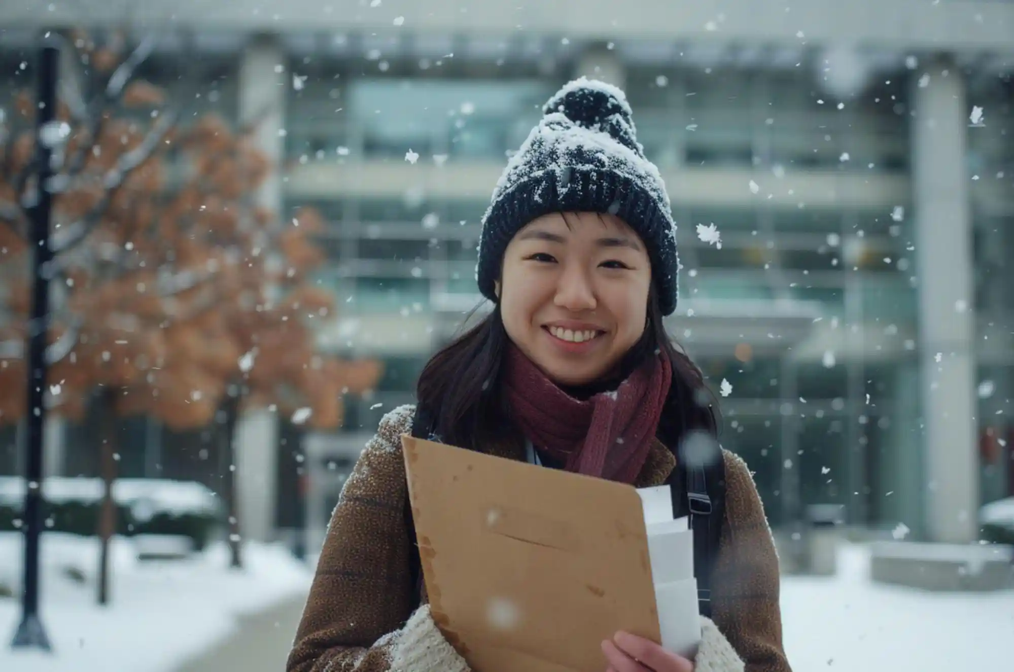 Canadian university building in light snow, a masters student leaves a co-op interview