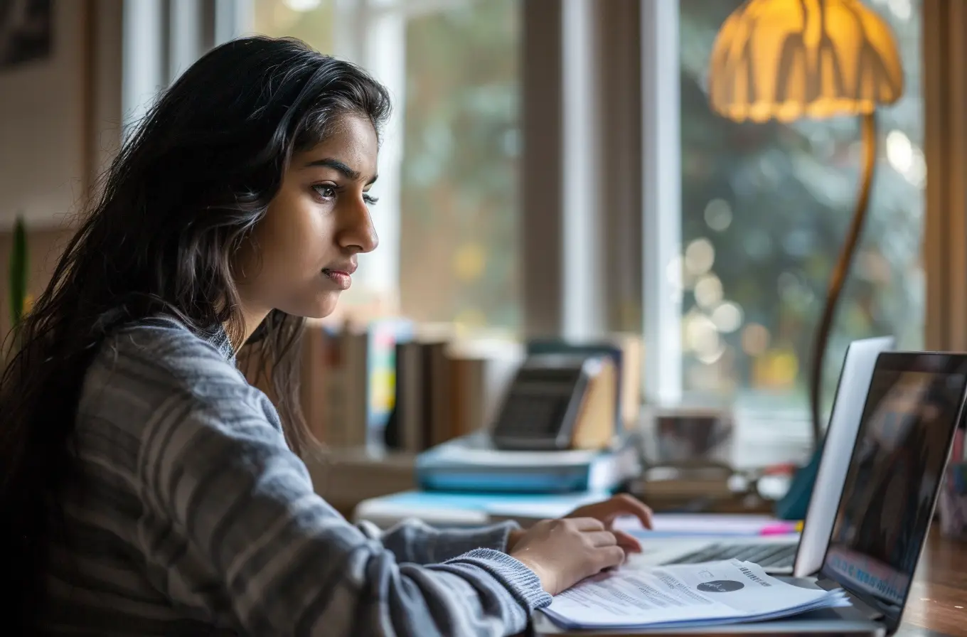 An Indian postgraduate alumnus sits at a bright home office desk in a U.S. apartment