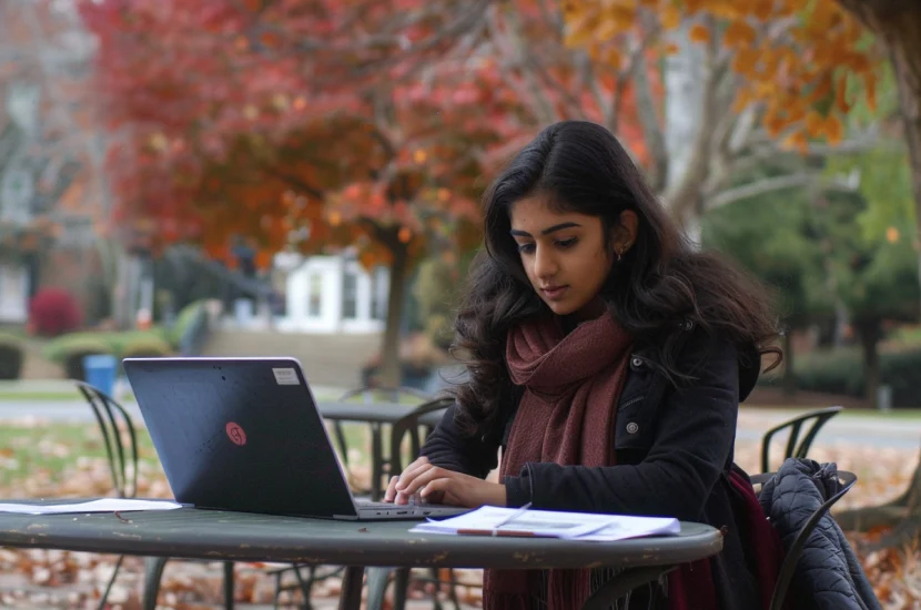 An Indian postgraduate student sits at an outdoor café table on a U.S. university campus during autumn, laptop open and organized documents spread out.
