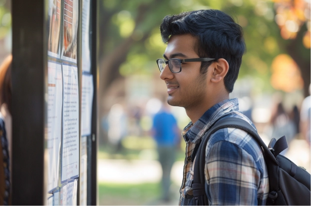An Indian postgraduate student walks through a tree-lined path on a U.S. university campus during spring, looking at a campus bulletin board.