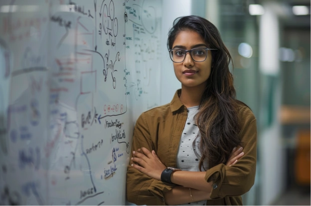 An Indian postgraduate student presents research findings in a university seminar room.