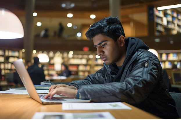 A postgraduate student, studying at a bright university student center.