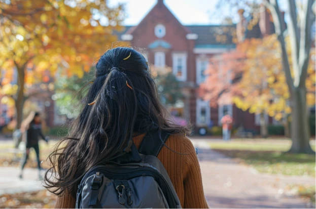 An Indian student walks across a U.S. university campus in autumn, backpack over shoulder, passing iconic brick academic buildings.
