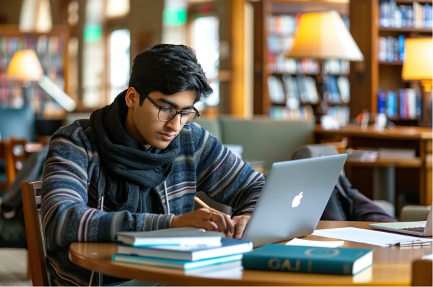 An Indian student works at a laptop in a campus coffee shop