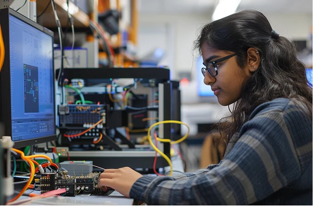 An Indian postgraduate student works independently in a modern university maker space in the U.S., surrounded by engineering equipment