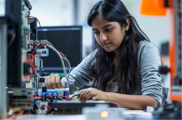 An Indian engineering student works on a project in a lab in the U.S., with technical equipment and computer monitors visible.