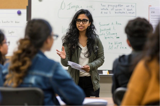 An Indian teaching assistant leads a discussion section in a U.S. university classroom, gesturing at a whiteboard while undergraduate students take notes.