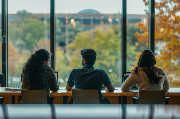 A group of international students, including an Indian student, collaborate in a bright university study lounge with large windows overlooking the campus.