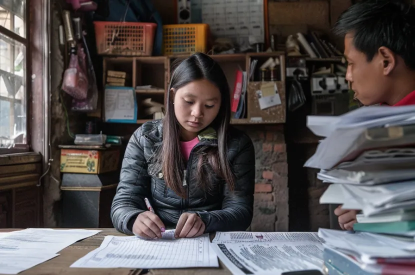A Nepali family sits together around a dining table having a discussion, with university brochures and financial documents spread.