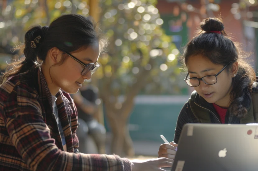 Two Nepali students meet at a bright campus study area, one explaining something on a laptop screen to the other who takes notes.