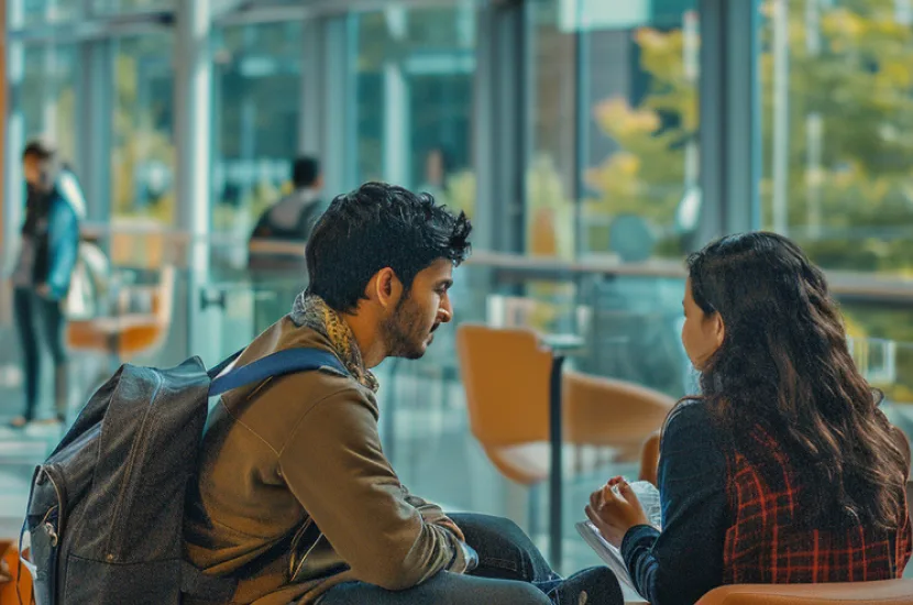 A couple of international students, including an Indian student, participate in a student organization meeting in a modern campus building with large windows overlooking the university.