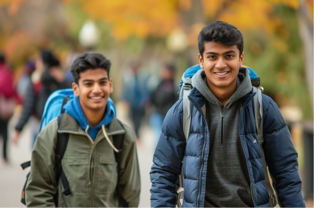Two Indian students walk together across a U.S. university bridge connecting campus buildings, while carrying backpacks.