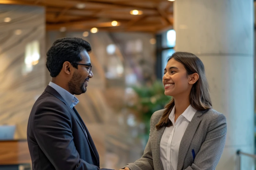 A Bangladeshi professional shakes hands with an HR manager in a modern office lobby on their first day of work